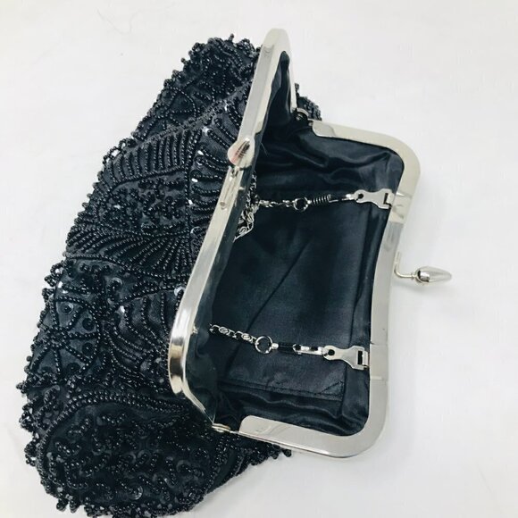 Black Beaded Silver Kisslock Frame Chain Shoulder Evening Bag Purse - Picture 4 of 5